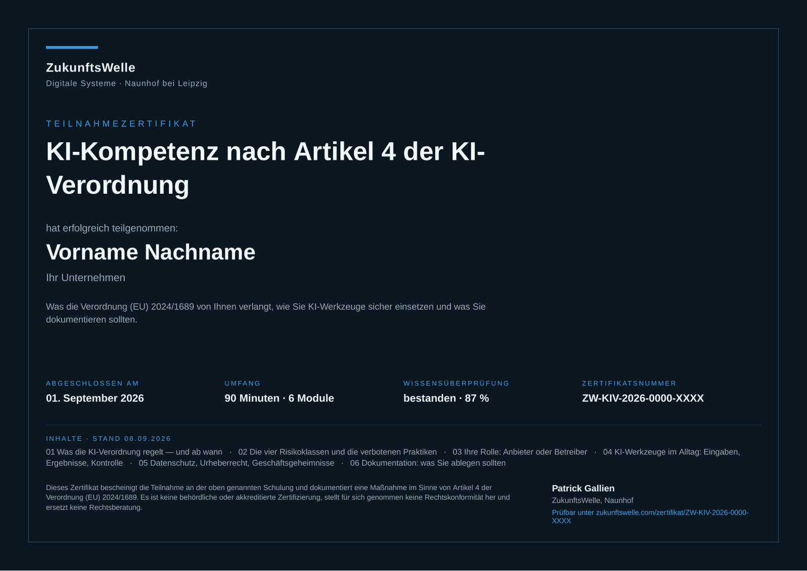 Musterzertifikat der EU-AI-Act-Schulung mit Feldern für Name, Datum, Umfang, Prüfergebnis und Zertifikatsnummer