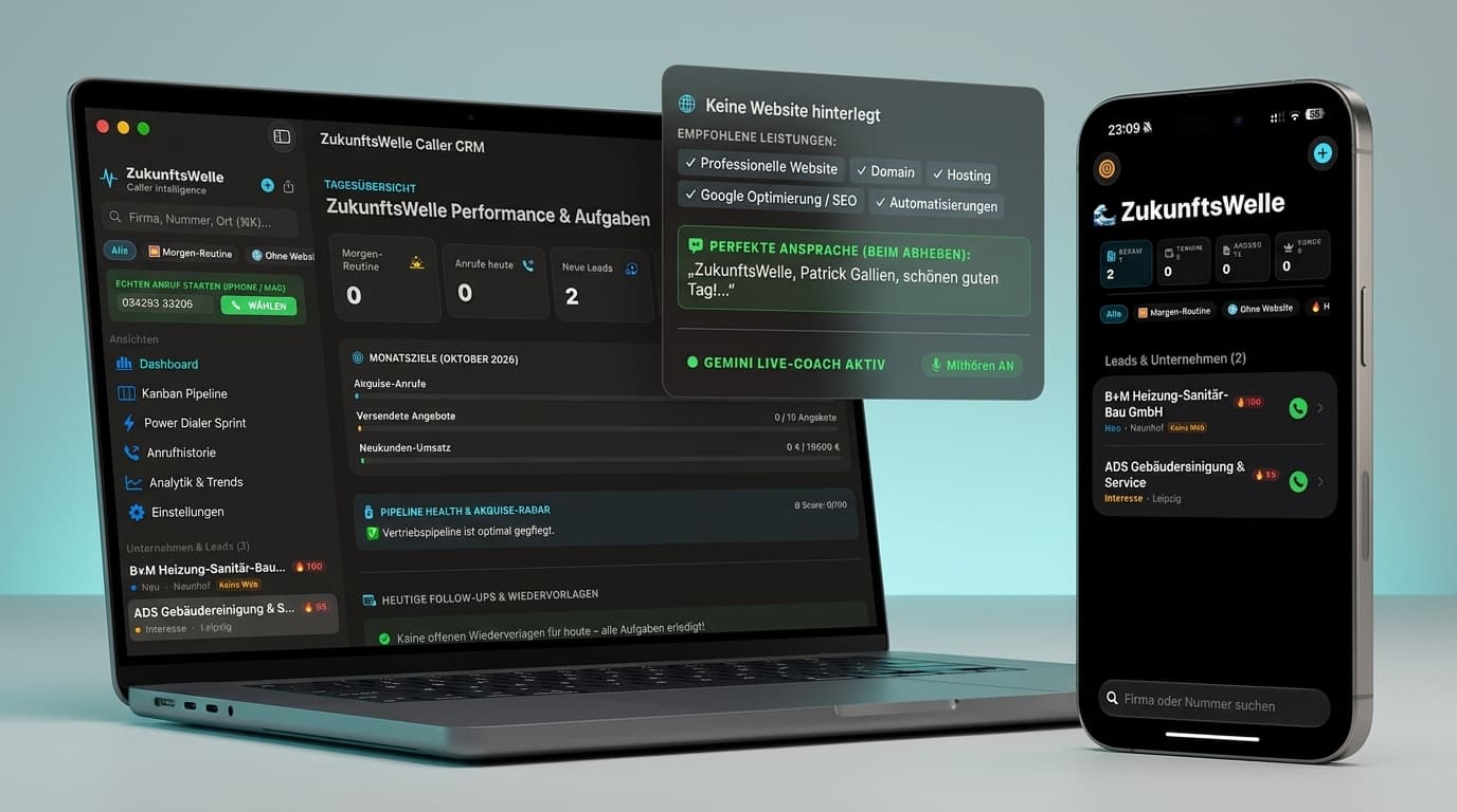 Produktansicht der ZukunftsWelle Caller Suite auf MacBook und iPhone